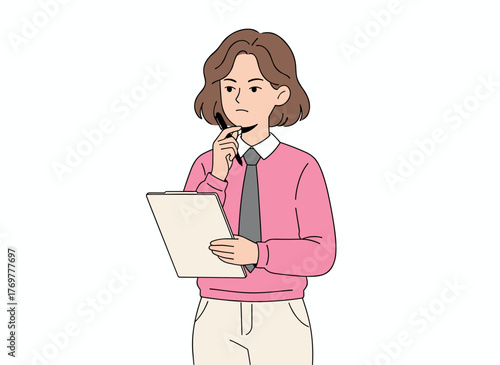 A thoughtful woman mulling over troubles, a contemplative figure with a troubled expression, a perplexed girl in doubt, all depicted in a flat vector illustration on a white background