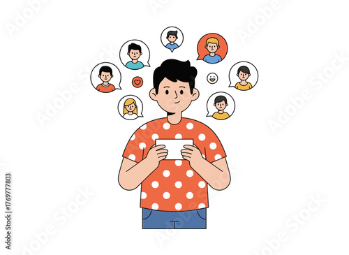 A young man searching for a girlfriend through a mobile dating app, chatting, flirting, and liking profiles on his smartphone, depicted in a colored flat vector illustration on a white background