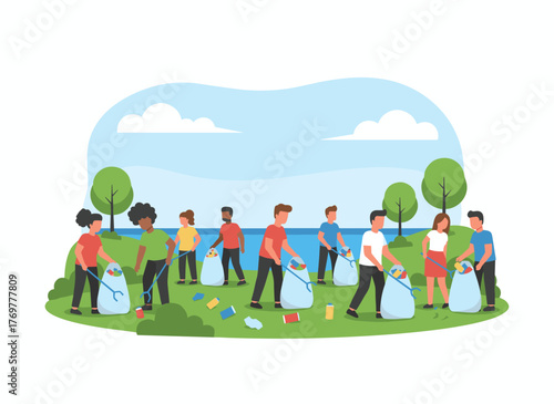 A group of eco volunteers cleans the shoreline, gathering trash into bags, while families and children work together to pick up plastic litter, all depicted in a flat vector illustration