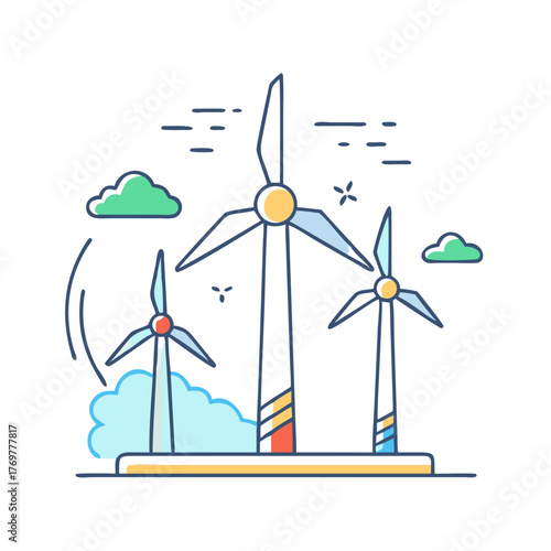 Vector illustration of wind turbines generating clean electricity with clouds