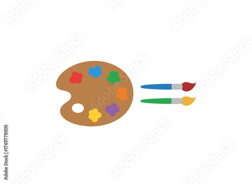 A hand‑drawn flat vector illustration shows a top‑down view of an artist's palette with multicolored paints and brushes, isolated against a white background