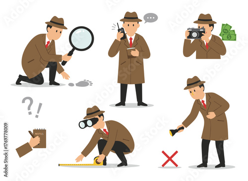 A cartoon detective with a mustache, peering through a magnifying glass, sneaking, spying, solving crimes, and taking photos, depicted as a flat vector illustration on a white background