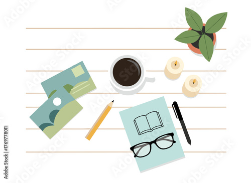 A top-down view of an empty paper notepad ideal for drawing or journaling, presented as a flat vector illustration; a tidy notebook for planning, featuring cozy desk items; and a workplace layout