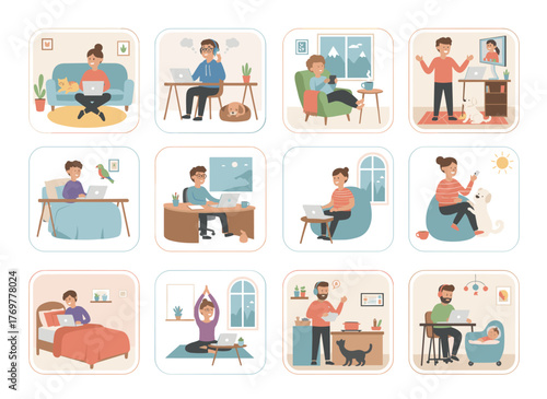 A set of dreamers depicted against a white background, featuring smiling, contemplative young men and women working and relaxing at home, with dreamy characters shown with thought bubbles, rendered