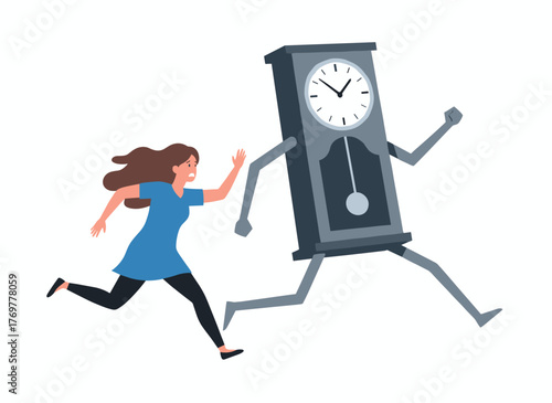 Illustration of a busy office worker racing against time, with clocks ticking, striving to meet deadlines and stay on schedule, depicted as a flat vector image on a white background