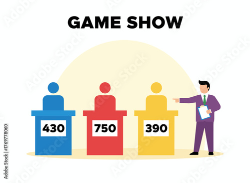 A television quiz featuring three contestants who answer questions or solve puzzles, hosted by a cheerful host, depicted in a bright flat cartoon vector illustration