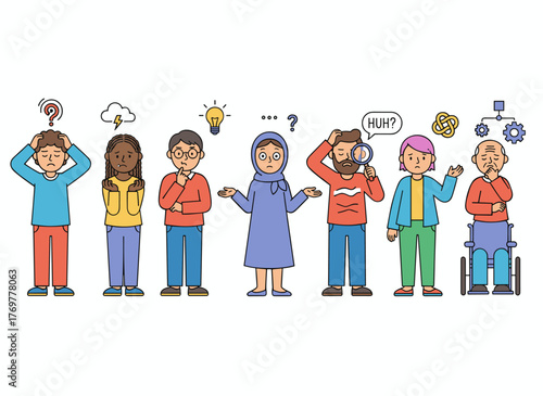 Men and women lost in doubt and contemplation, perplexed and thoughtful, worry deeply with earnest expression, while uncertain figures appear as flat vector illustrations set against a white