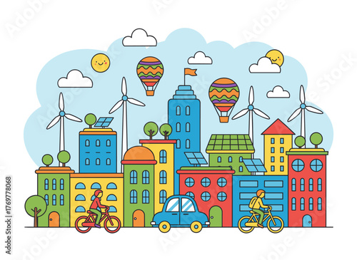 Horizontal vector line art depicting an eco-friendly cityscape powered by alternative energy, featuring a seamless pattern of rooftop greening, solar panels, and wind turbines