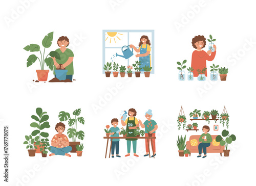 A group of joyful women tending to indoor potted plants against a white backdrop, depicted in a colored flat vector illustration of fashionable people surrounded by house greenery, highlighting home