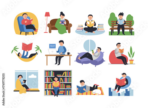 A flat vector illustration featuring a group of book‑loving readers—a man and a woman, along with students studying for exams—set against a white background