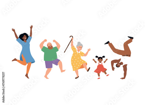 A group of smiling male and female dancers in colorful outfits enjoying a dance party, depicted as a flat vector illustration against a white background