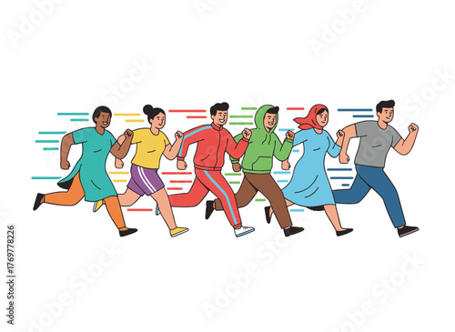 A group of determined individuals sprinting toward their objectives, racing through pressing ventures, embodying the drive for success, depicted as a flat vector illustration of runners against a
