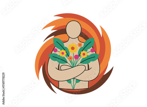 Exploring mental health through psychological concepts, soul healing, self-care, and inner world cultivation, fostering self-love and overcoming personal challenges, illustrated with a colored flat