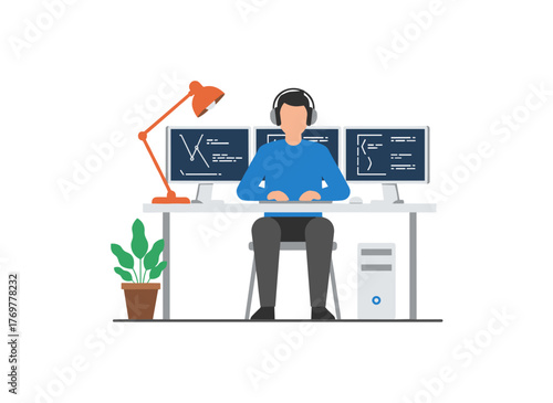 An IT professional—whether a programmer, coder, web developer, or software engineer—sits at a desk, working on a computer, depicted from the back in a colorful flat cartoon vector illustration of