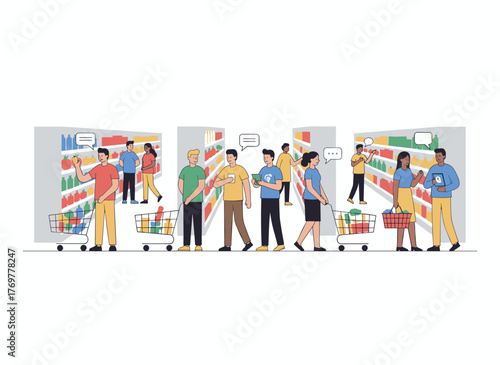Flat vector illustration of shoppers in a supermarket, customers with trolleys selecting and buying food products from shelves