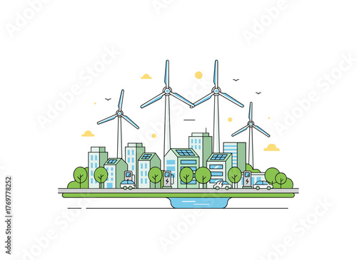 A modern, eco‑friendly city equipped with green infrastructure, electric car chargers, solar panels, and wind turbines, illustrated in monochrome vector line art to showcase alternative energy