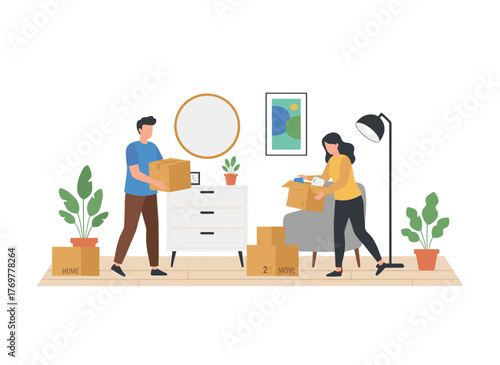 Vector illustration of a man and woman cartoon characters packing and unpacking a young couple's belongings in a new apartment flat, illustrating a house moving concept