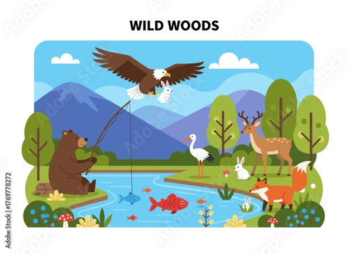 Illustration of a flat vector depicting ecosystem and biodiversity, showcasing various forest habitats, carnivorous animals, wild birds, and fauna diversity against a white background