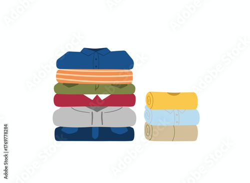 A tidy stack of clean clothing, including neatly folded shirts, t‑shirts, jeans, trousers, pants, and bath towels, depicted as a flat cartoon vector illustration on a white background