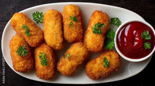 A plate of golden chicken croquettes (croquetas de pollo) with a side of ketchup, viewed from directly above. Close-up, vertical composition.
 