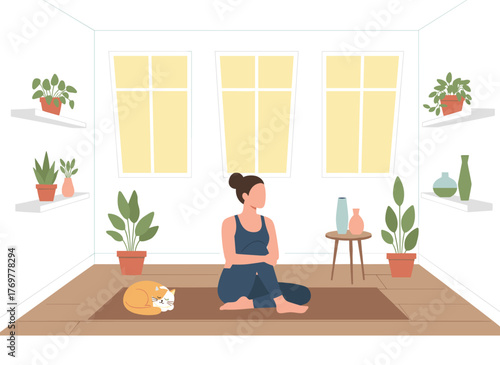 A young woman in a yoga pose meditates, while another girl does aerobics and morning meditation at home, blending physical and spiritual practice in a flat cartoon vector illustration