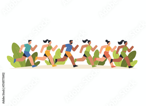 A flat cartoon vector illustration of men and women in sportswear jogging through a park, depicting outdoor athletic competition and an active healthy lifestyle