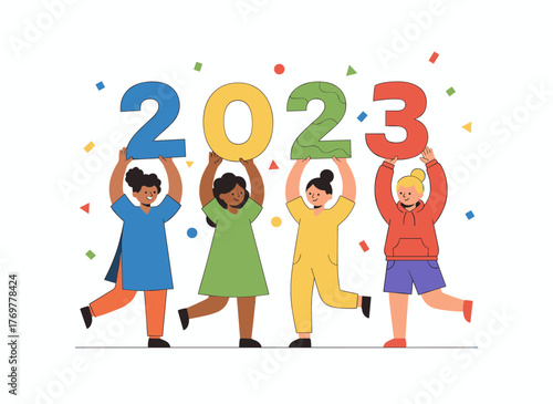 A group of happy men and women hold the 2023 New Year numbers in their hands, celebrating the winter holiday with diverse friends who congratulate the new year, illustrated as a flat graphic vector