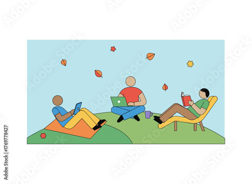 Illustration of a flat vector depicting a positive workplace with content employees, comfortable conditions, a supportive psychological climate, and healthy worker relationships