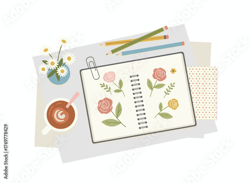 A top-down view of an open notebook or diary filled with notes, postcards, greeting cards, pens, and a coffee cup, arranged as a holiday‑prep composition in a colorful flat vector illustration