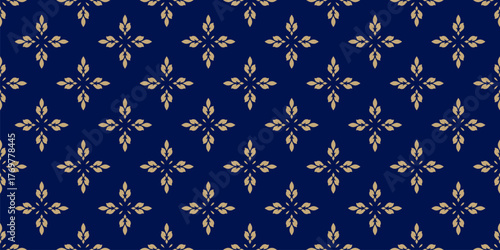 Luxury golden minimal floral ornament. Elegant vector geometric seamless pattern with small flowers, leaves. Simple gold and dark blue oriental background texture. Repeating design for decor, print