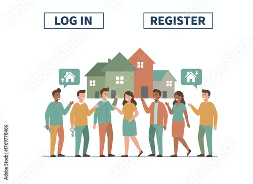 A web banner template featuring a real estate agent or broker shaking hands with individuals purchasing or renting a home, rendered as a colorful flat cartoon vector illustration for property sales