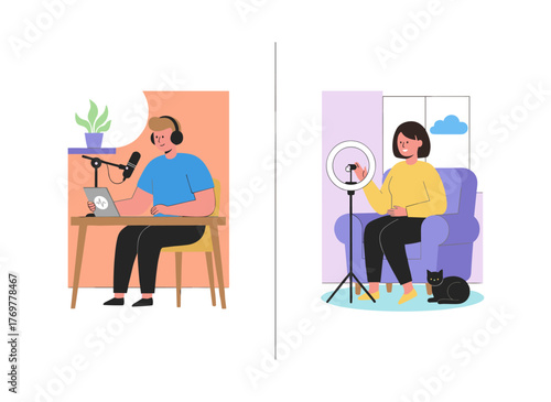 Live-streamed flat vector illustrations showcase collaborations between male and female social media bloggers, with vloggers depicted as cartoon characters, and include studio interviews, podcasts