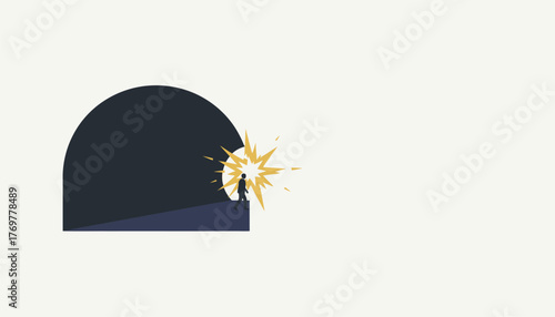 Businessman walking out of a dark tunnel into a burst of bright light, symbolizing new beginnings, hope, future opportunities, success, and moving forward from adversity