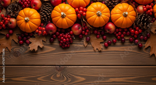 Wallpaper Mural Overhead view of orange pumpkins, red apples, berries, pinecones, and brown leaves on rustic wood, representing autumn harvest and thanksgiving Torontodigital.ca