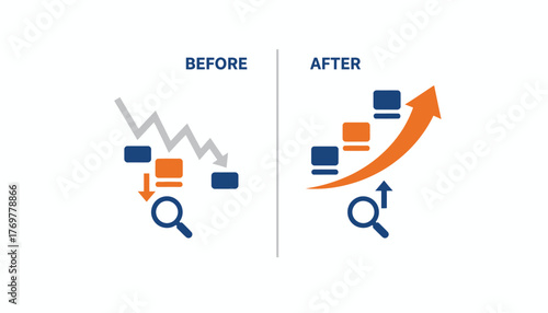 Visualizing the comparison of declining and growing search engine optimization results, showing a negative trend transforming into a positive upward trajectory for web ranking success