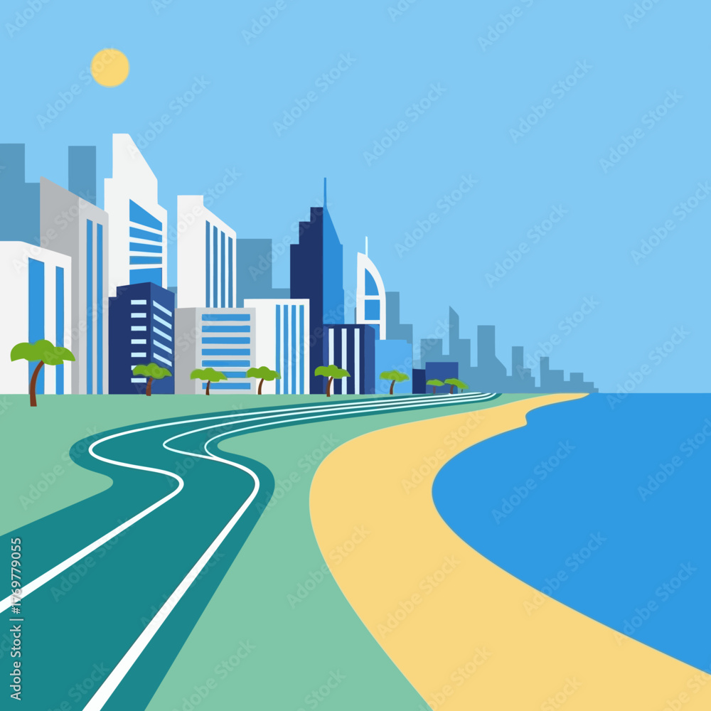 Fototapeta premium A modern city skyline with a winding coastal road next to a sandy beach and the ocean on a sunny day.