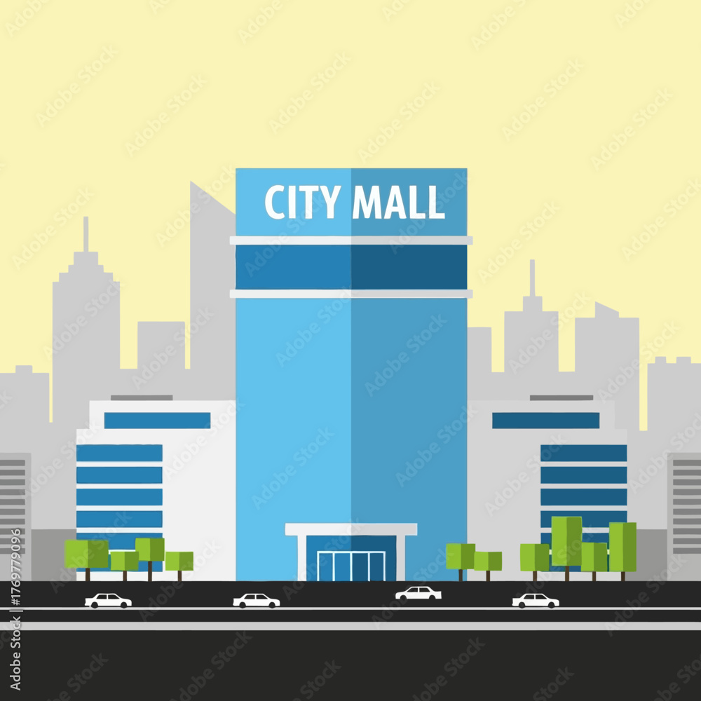 Obraz premium Flat design illustration of a modern city mall building with a prominent sign, surrounded by a city skyline, trees, and cars on a road.