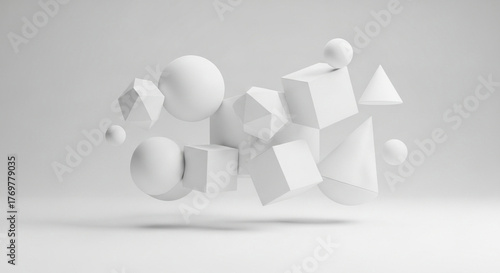 A dynamic arrangement of levitating white solid shapes in a minimalist setting, representing concepts of order, chaos, and balance in digital art