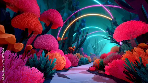 A vibrant underwater landscape with glowing neon lights and colorful coral formations, creating a surreal and otherworldly atmosphere