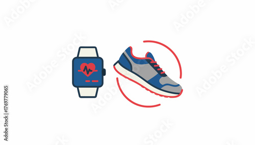 Fitness tracker smartwatch displaying heart rate alongside a running shoe, symbolizing health monitoring and athletic activity, presented on a white background with transparency
