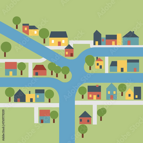 A colorful, minimalist illustration of a suburban neighborhood with houses, roads, and trees along a branching blue river.