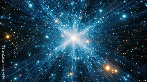 Blue and gold light beams radiating from a central point