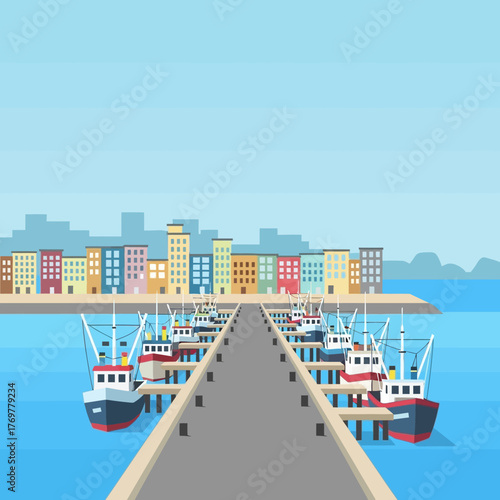 A picturesque view of a busy harbor with numerous fishing boats docked along a pier, with a city skyline in the background.