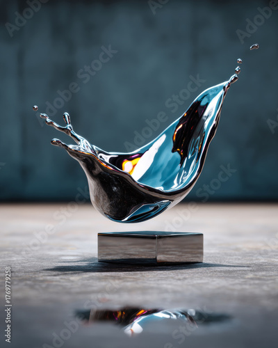 A metallic liquid is captured in mid-splash, creating a dynamic and fluid form against a dark background.
