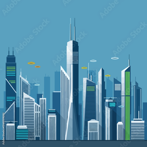 A vector illustration of a futuristic city skyline with towering skyscrapers and flying vehicles against a blue sky.