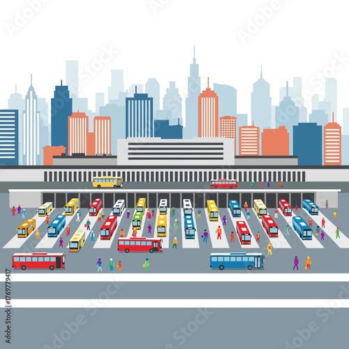 Illustration of a busy bus terminal with colorful buses and city skyline in the background.