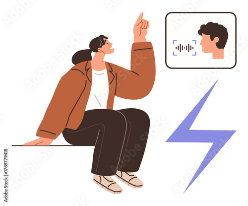 Woman gesturing towards a voice recognition interface with a lightning bolt beside her. Ideal for technology, AI, innovation, communication, energy, modern interaction, learning. Simple flat metaphor