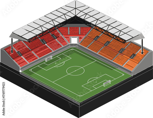 Soccer stadium vector illustration, isometric design with green field, grandstands, goals, white background for sports, architecture, and event concepts