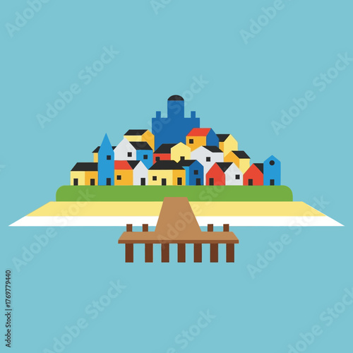 A minimalist vector illustration of a colorful coastal village on a small island with a wooden pier.