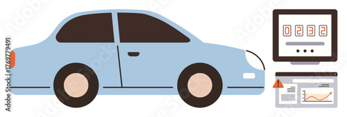 Blue car next to screens showing mileage, warning alert, and analytics. Ideal for auto maintenance, diagnostics, vehicle monitoring, technology, automation data transportation. Simple flat metaphor